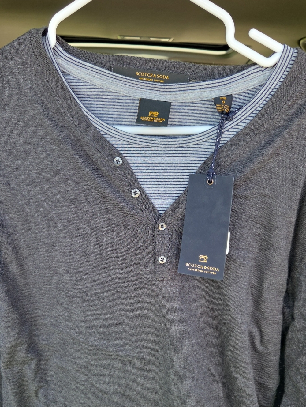 Scotch & Soda Gray Long-Sleeve Henley with Striped Inner Layer